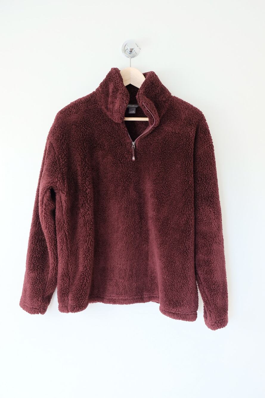 Eddie Bauer Sherpa Fleece Quarter Zip Pullover Size PL Burgundy Cozy Gorpcore